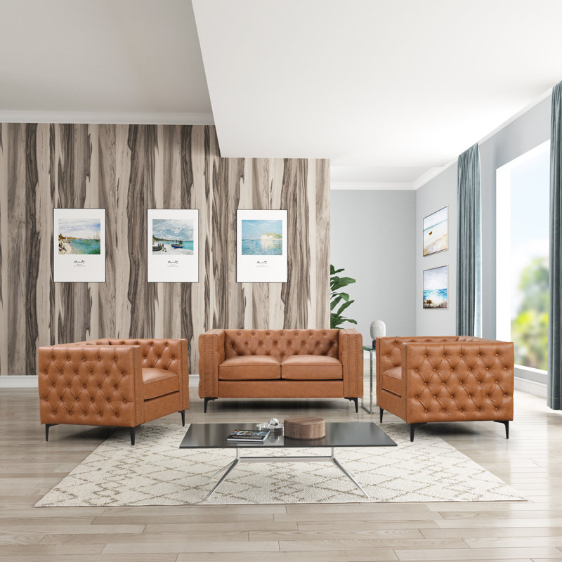 Yukino 3 - Piece Faux Leather Living Room Set, Saddle Brown Faux Leather, Black