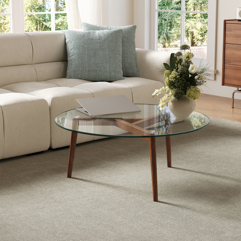 Table basse moderne avec dessus en verre et piètement en bois massif, table basse contemporaine pour salon