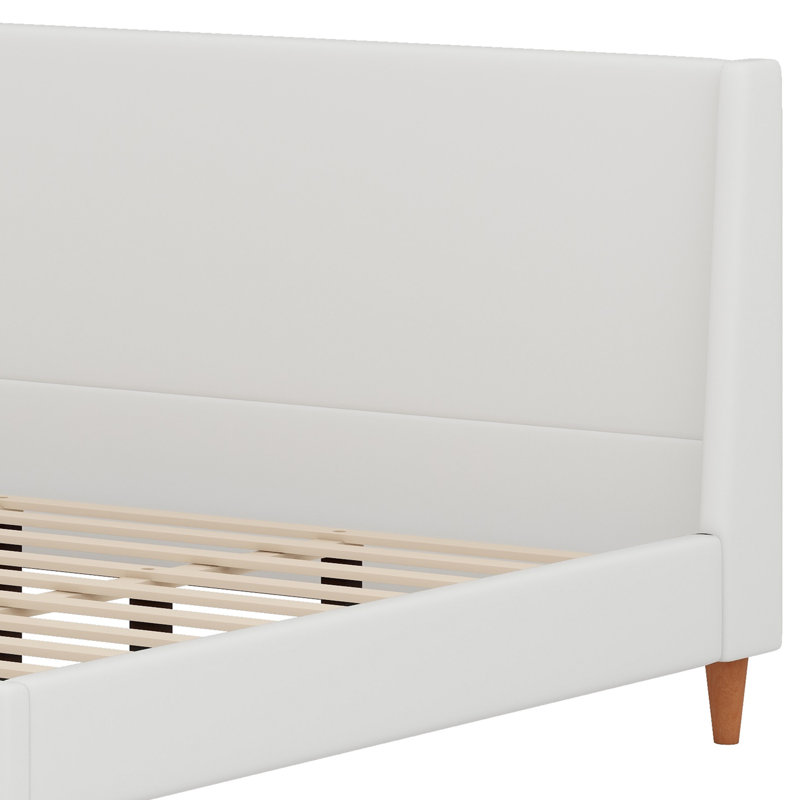 Lit plateforme tapissier avec tête de lit à oreilles et pieds en bois, Ivoire ivoire, Très grand lit