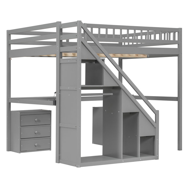 Lit mezzanine avec bureau, deux tiroirs de rangement, bande lumineuse à DEL et garde-corps