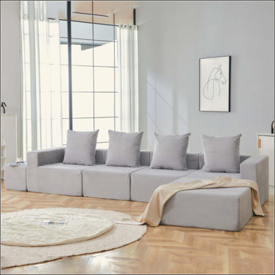Canapé modulaire à 4 places avec méridienne et repose-pieds surdimensionnés - canapé Cloud en velours côtelé doux pour petits espaces, salon, appartement