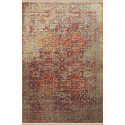 Red Themed Multicolored Motif Geometric Patterned Vintage Decorative Carpet