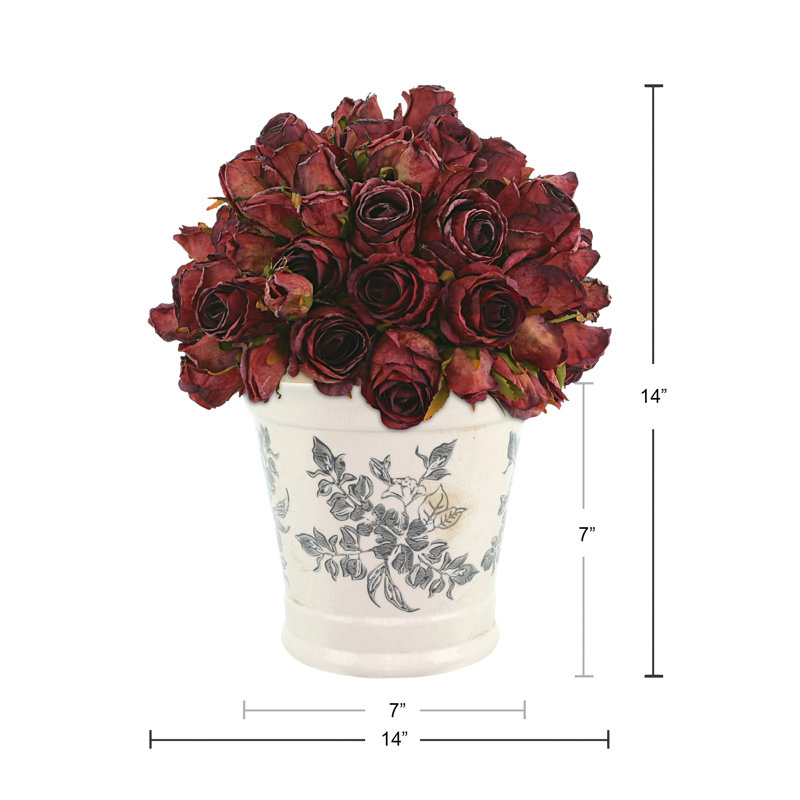 Dried Rose Bundle in Ceramic Pot, Dark Red