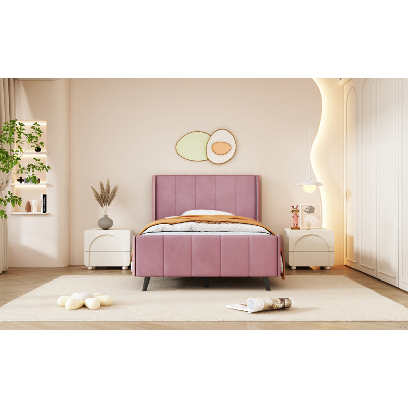 Lit plateforme tapissier, velours, Lit simple, Rose