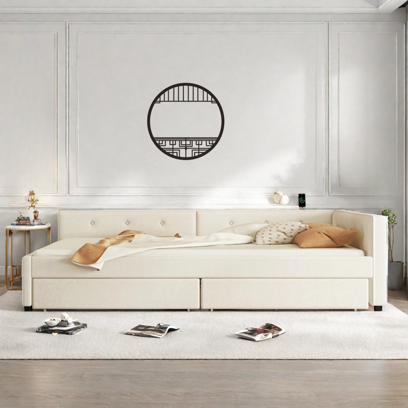 Lit plateforme tapissier moderne avec USB et 2 tiroirs