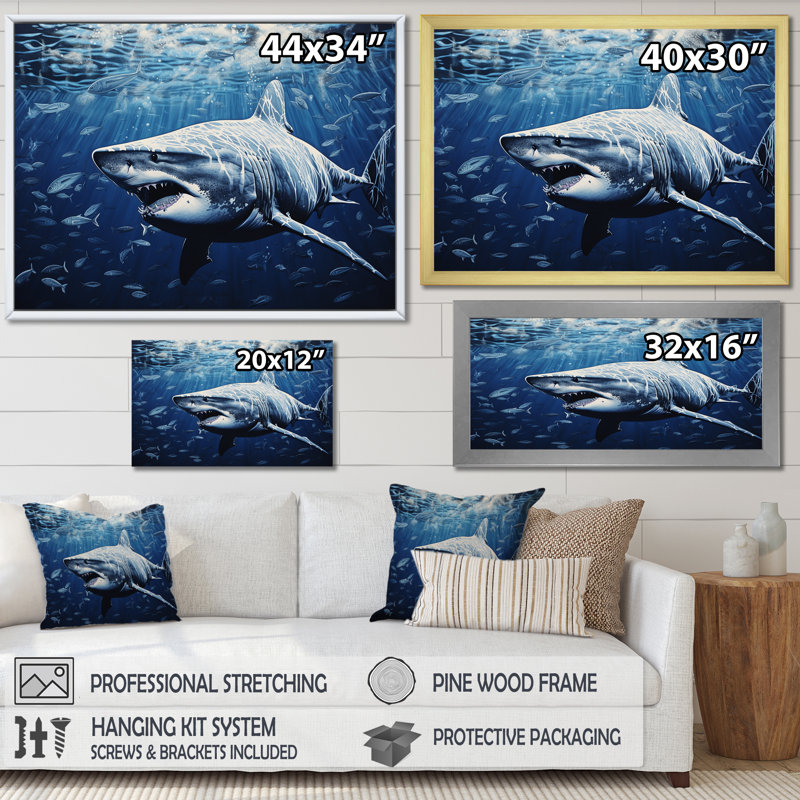 " Bull Shark Depths Photography ", 16" H x 32" W x 1" D, White Single Picture Framed