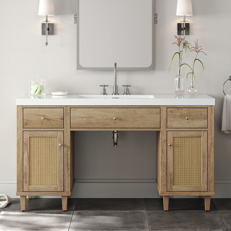 Meuble-lavabo simple 60 po avec lavabo SMC, Bois naturel