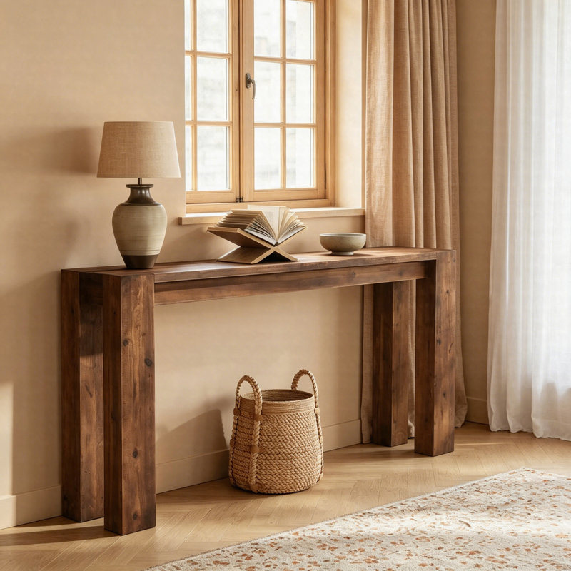 Console en bois massif 70,9 po, table basse longue pour le vestibule, le couloir et le canapé derrière, Brun rustique