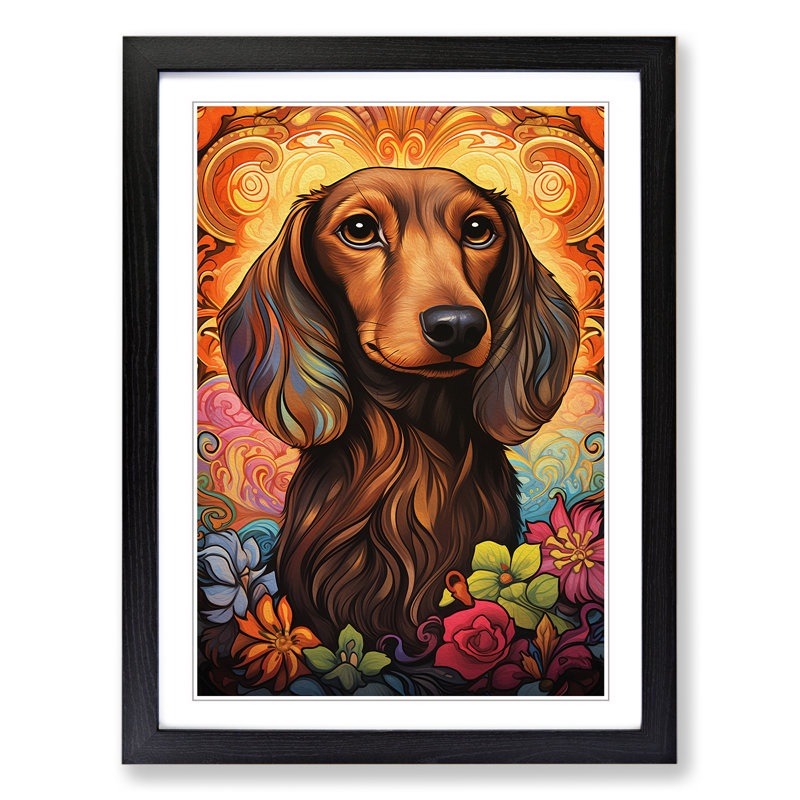 Dachshund Nouveau - Single Picture Frame Print on Wood, Black Framed, 46cm H x 34cm W x 2cm D