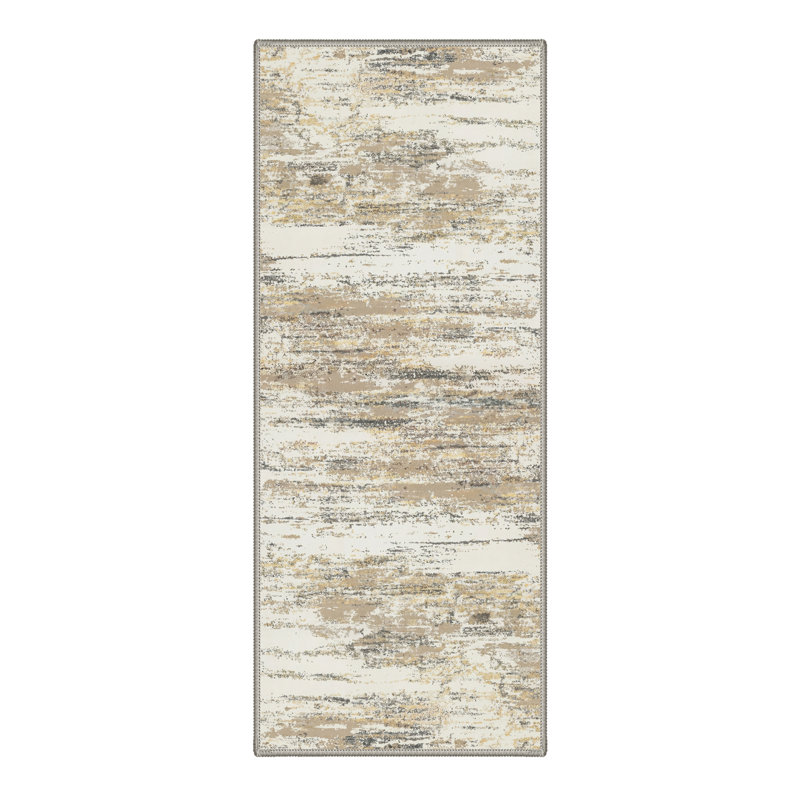 Aura Abstract Strokes Machine Washable Sand Beige Indoor Area Rug With Non-Slip Backing, Runner 2' x 6'