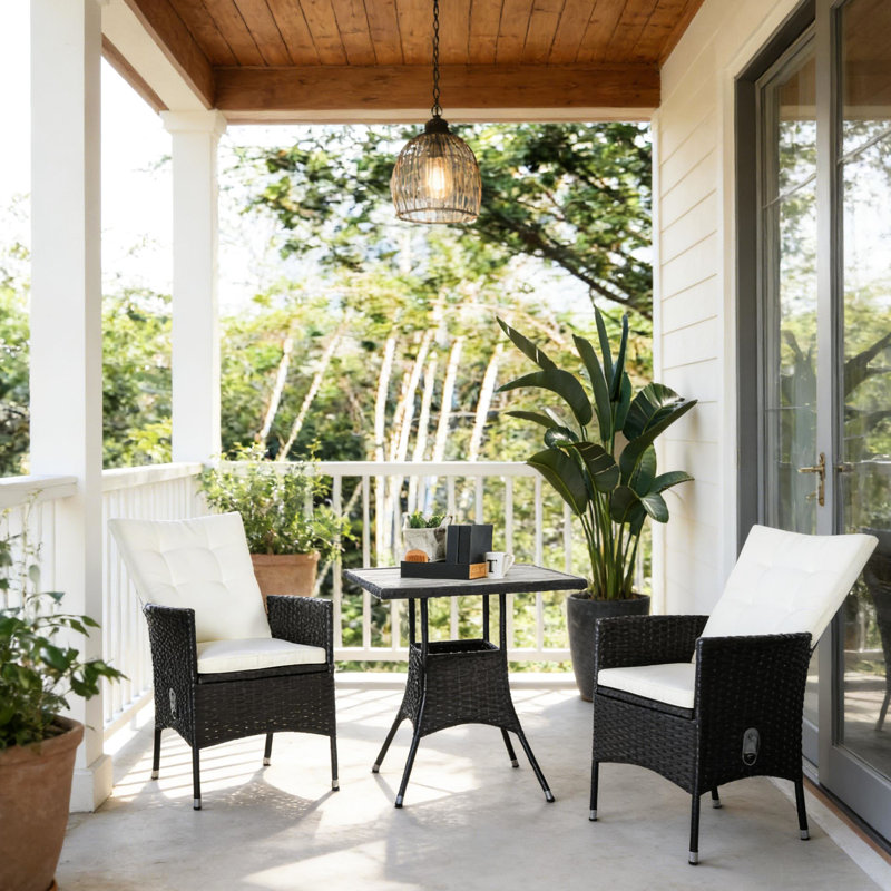 Ensemble bistro de patio 3 pièces - Sièges élégants avec fonction inclinable, table basse rustique, housses de coussin amovibles, chaises de jardin en matériau imperméable, inclinaison par bouton, coffre-fort à lattes avec système de drainage
