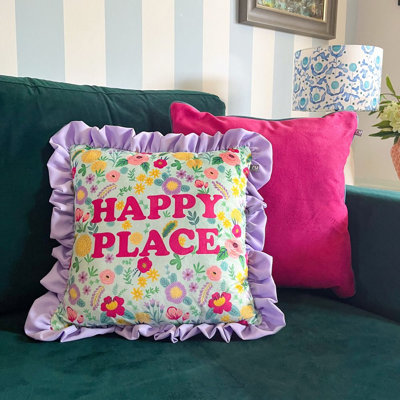 rucomfy Beanbags Velvet Cushion, Printed Designs, Frilled & Fringed Edges, Soft Linen-Look Decorative Throw Pillow - 45x45cm