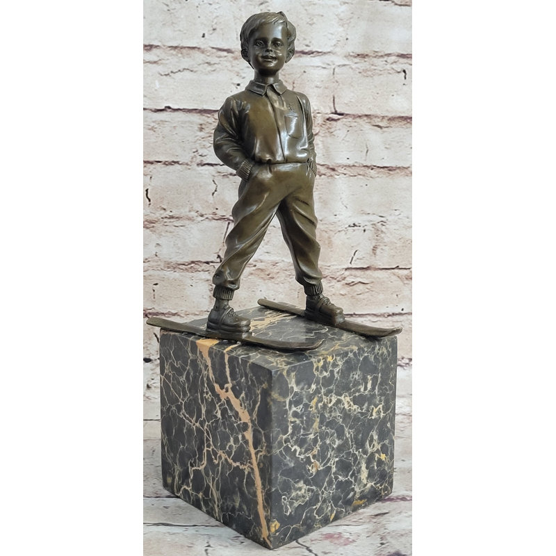 Little Boy on Skis Skiing Bronze Sculpture Statue Decor Art Figure on Marble Base