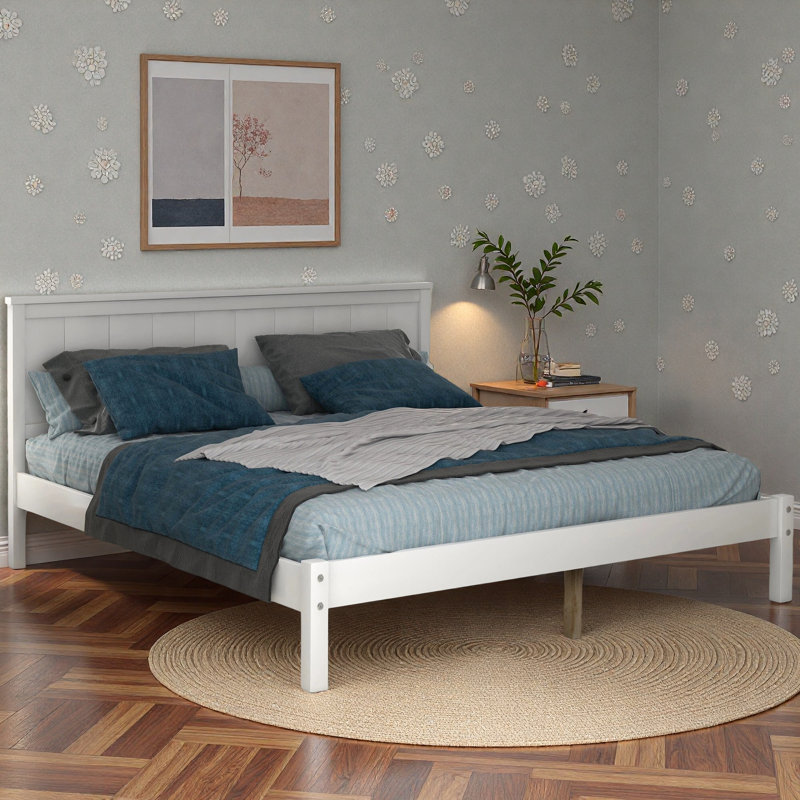 Base de lit plateforme avec tête de lit, Simple, Blanc