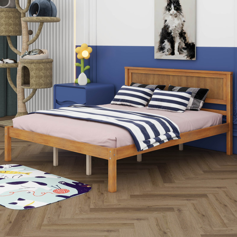 Base de lit plateforme avec tête de lit, support à lattes de bois, aucun sommier requis, grand, Chêne