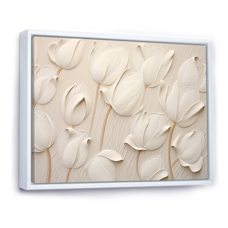 Minimalism White Tulips Symphony On Canvas Print, Floater Framed Print, 16" H x 32" W, White