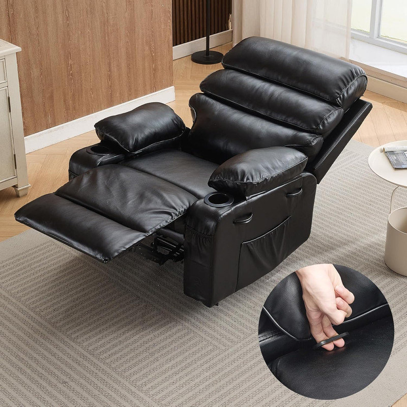 PU Leather Extra Wide Manual Recliner with Massage & Heat, Large Lazy Chair for Living Room, Black