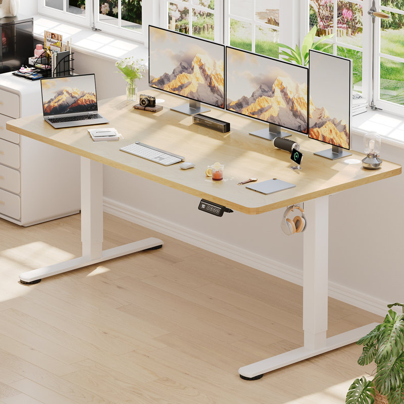 Mallus 120CM x 60CM Electric Height Adjustable Standing Desk, Natural/White, 140cm. W x 60cm. D