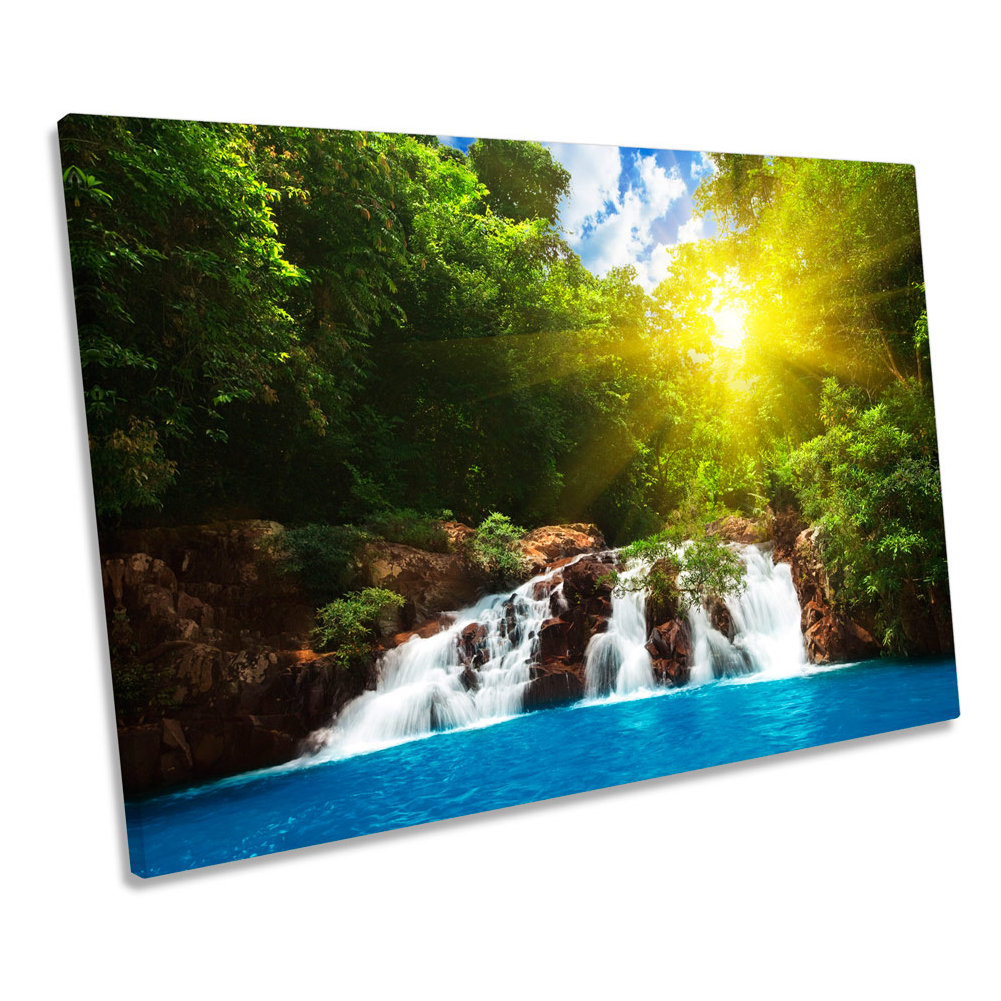 Tropical Forest Waterfall Sunset Wrapped Canvas Art Print
