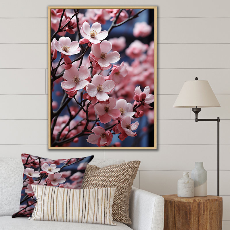 Champ de photo cornouiller rose et bleu I - impression, Cadre naturel flottant, H 32 po x l 16 po x P 1 po