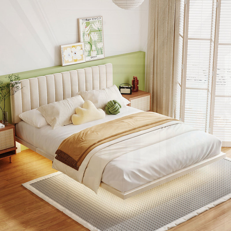 Grand lit tapissier avec lumière et tête de lit, Beige
