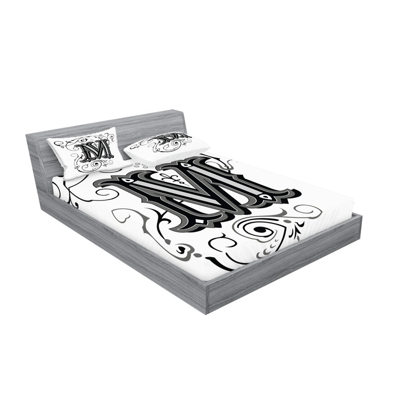 Ambesonne Letter M Fitted Sheet & Pillow Sham Black Grey White, King Sheet Set + 5 Additional Pieces