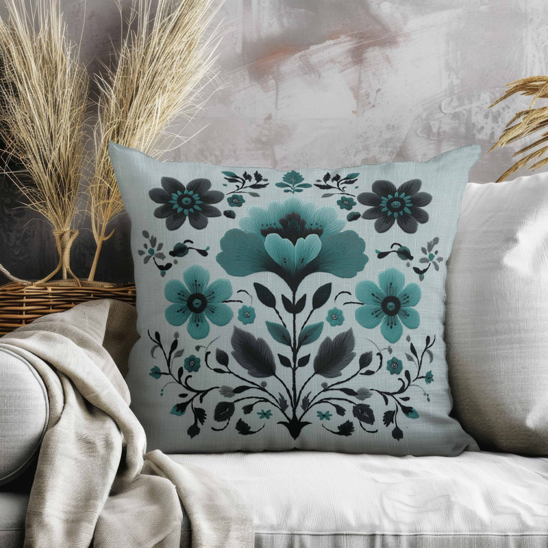 Oreiller en faux suède Rajasthan Bloom, Carré 18 po, Bleu / Vert