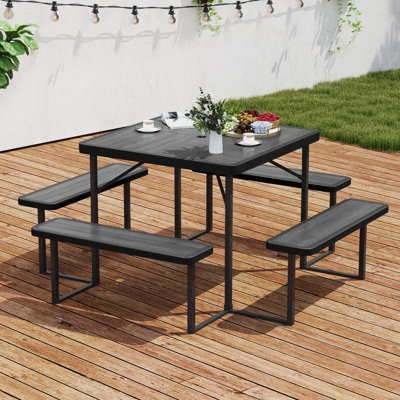 Picnic Table Bench Set For 4-8 People With Umbrella Hole All-weather Hdpe Tabletop White by Latitude Run
