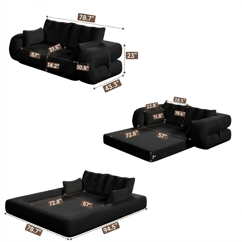 Méridienne pliable multifonctionnelle de 78,7 pouces pour les humains et les animaux de compagnie, canapé rembourré en mousse 3-en-1, conçu pour le salon, la chambre d'amis, la salle de jeux - noir