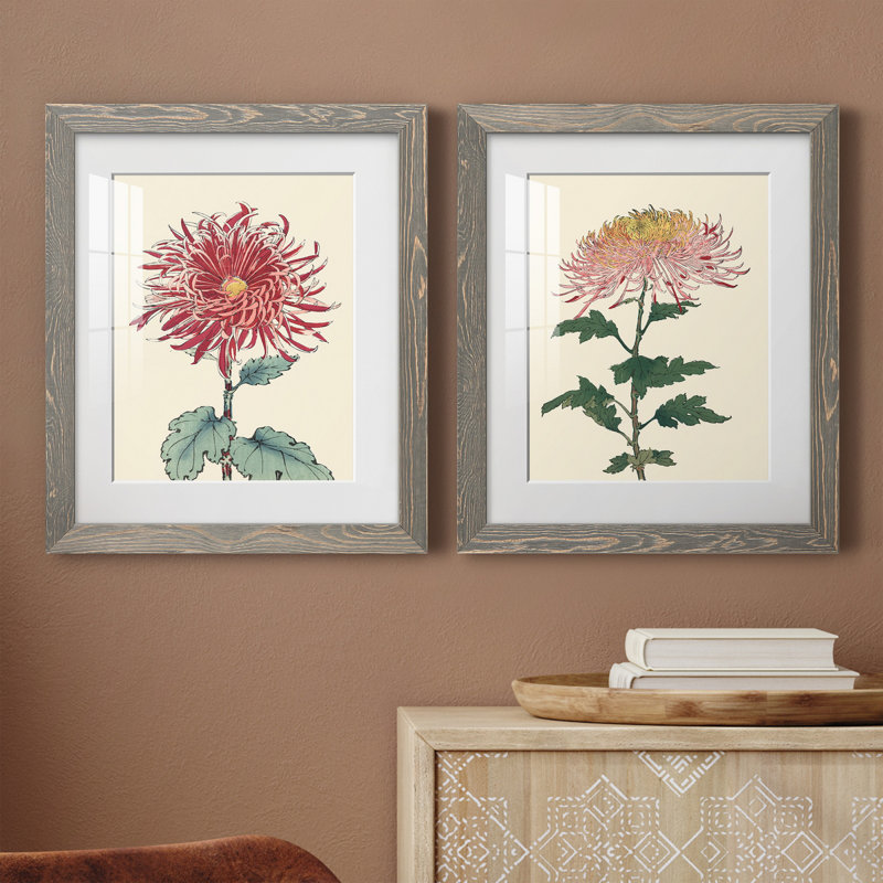 «Chrysanthemum Woodblock I», ensemble de 2 reproductions d'art sur papier encadrées, H 20 po x l 17 po x P 1 po