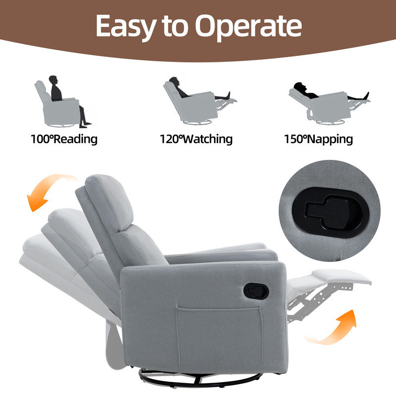 Fauteuil inclinable manuel berçant moderne pivotant de 25,6 po de largeur avec poches latérales pour petits espaces, Gris