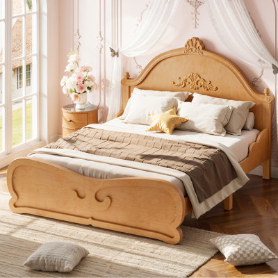 Lit plateforme sculpté vintage avec tête de lit, cadre de lit en bois massif avec sommier à lattes, lit plateforme bas pour enfants et adolescents, sommier non nécessaire. Naturel