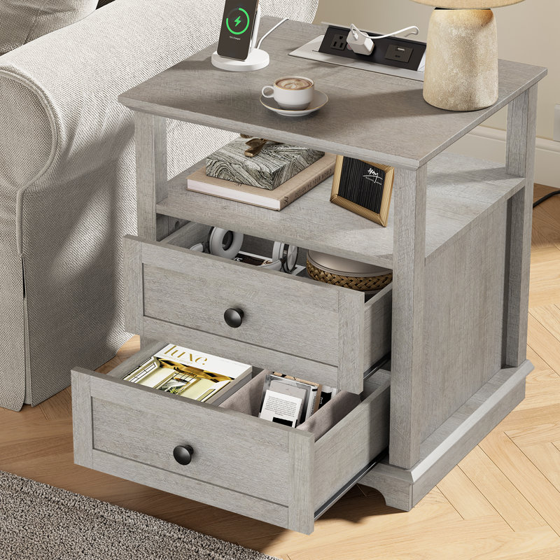 Danforth 2 Drawer Nightstands with Storage and Built-in Charging Station, Gray