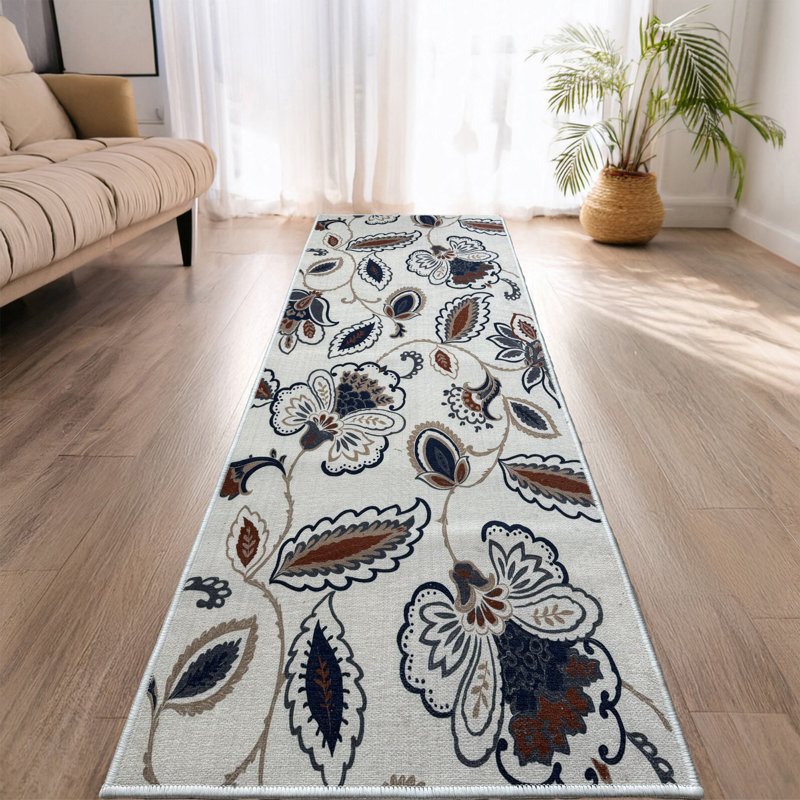 Custom Size Anti-Slip Low Profile Berber Style Floral Cream Design Runner Rugs by Feet, Runner 2'2" x 9'