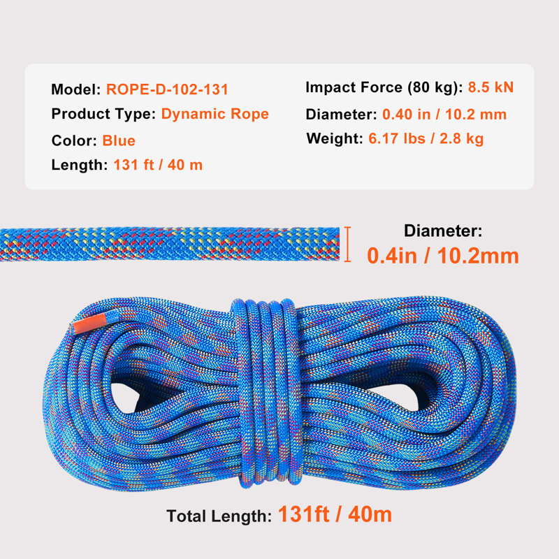 10.2mm Dynamic Climbing Rope, 40M(131ft) Outdoor Rock Climbing Rope 25KN Breaking Tension