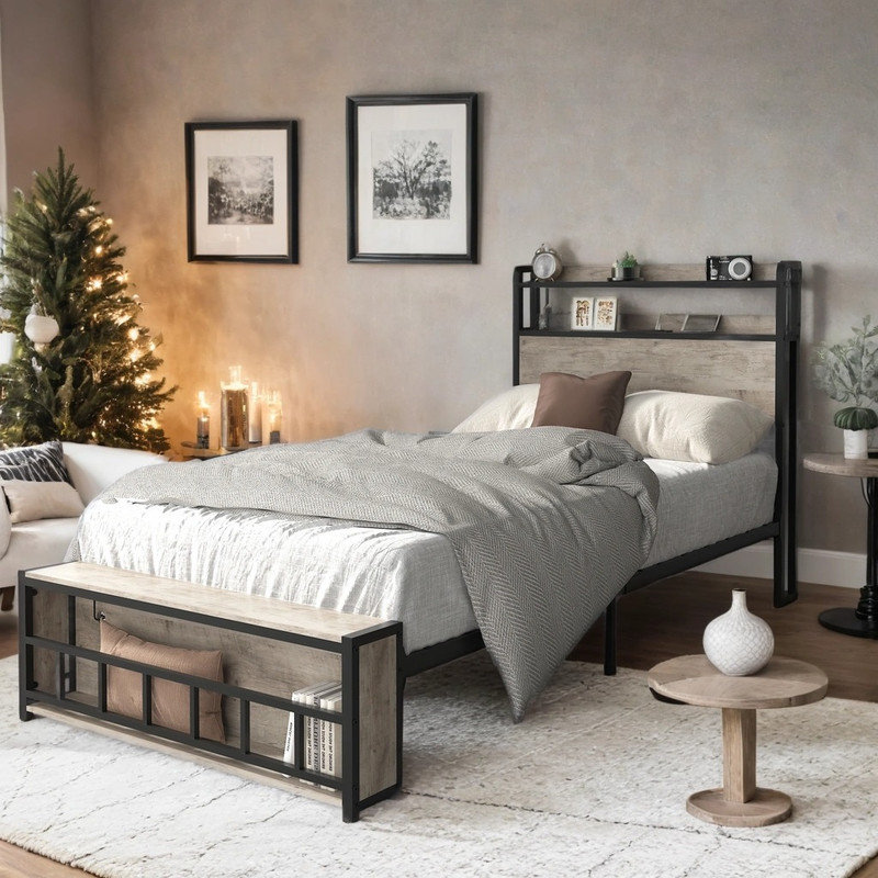 Twin Platform Bed Frame with Customizable LED Headboard, Charging Station