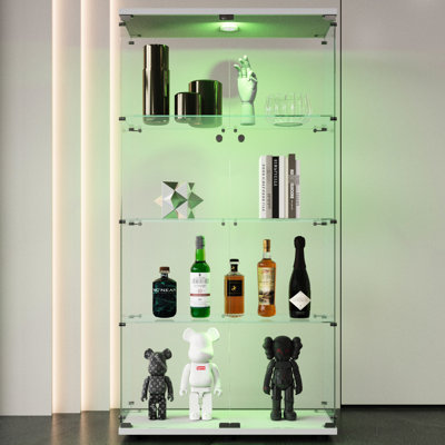 Two-door Glass Display Cabinet With 4 Shelves & Led Lights - For Living Room, Bedroom, Cabin 64.7"*31.7"*14.3", White Tempered Black Frame And In Strong