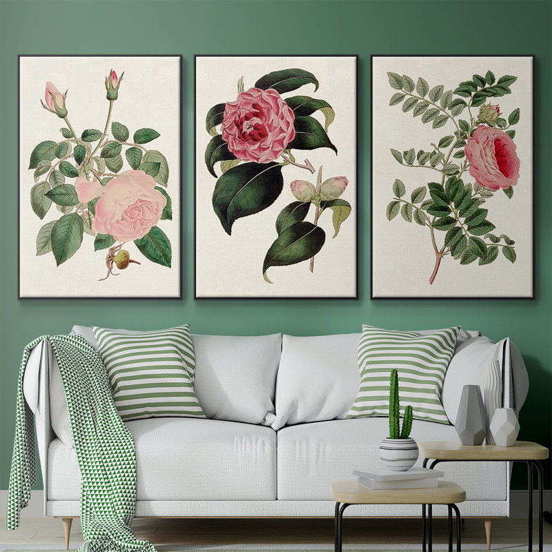 «Pink Floral Mix I», ensemble de 3 reproductions sur toile, Noir, H 27 po x l 54 po
