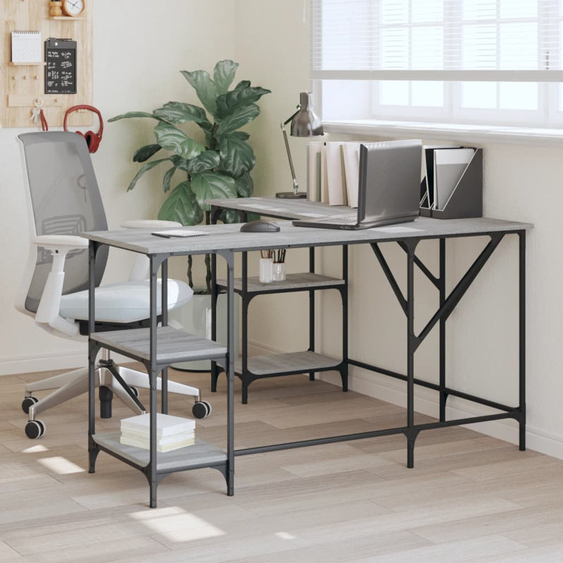 Aahad L-Shaped Metal Base Writing Desk, Grey Sonoma