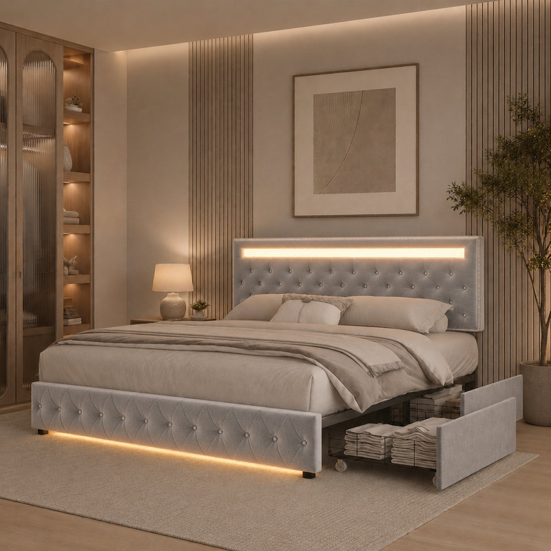 Modern Upholstered Platform Bed With 4 Storage Drawers and Led Lights, Metal Bed Frame with  Adjustable Headboard, Easy to Assembly, No Box Spring Needed,