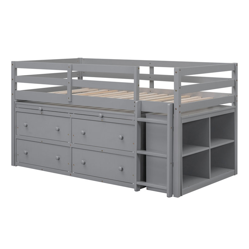 Loft Bed With Retractable Writing Desk And 4 Drawers, Wooden Loft Bed With Lateral Portable Desk And Shelves, Gray, Twin