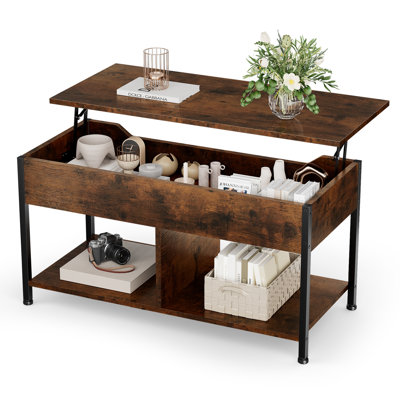 Table basse à plateau relevable avec plateau en bois, avec tablettes et compartiments de rangement, idéale pour les salons et les bureaux.