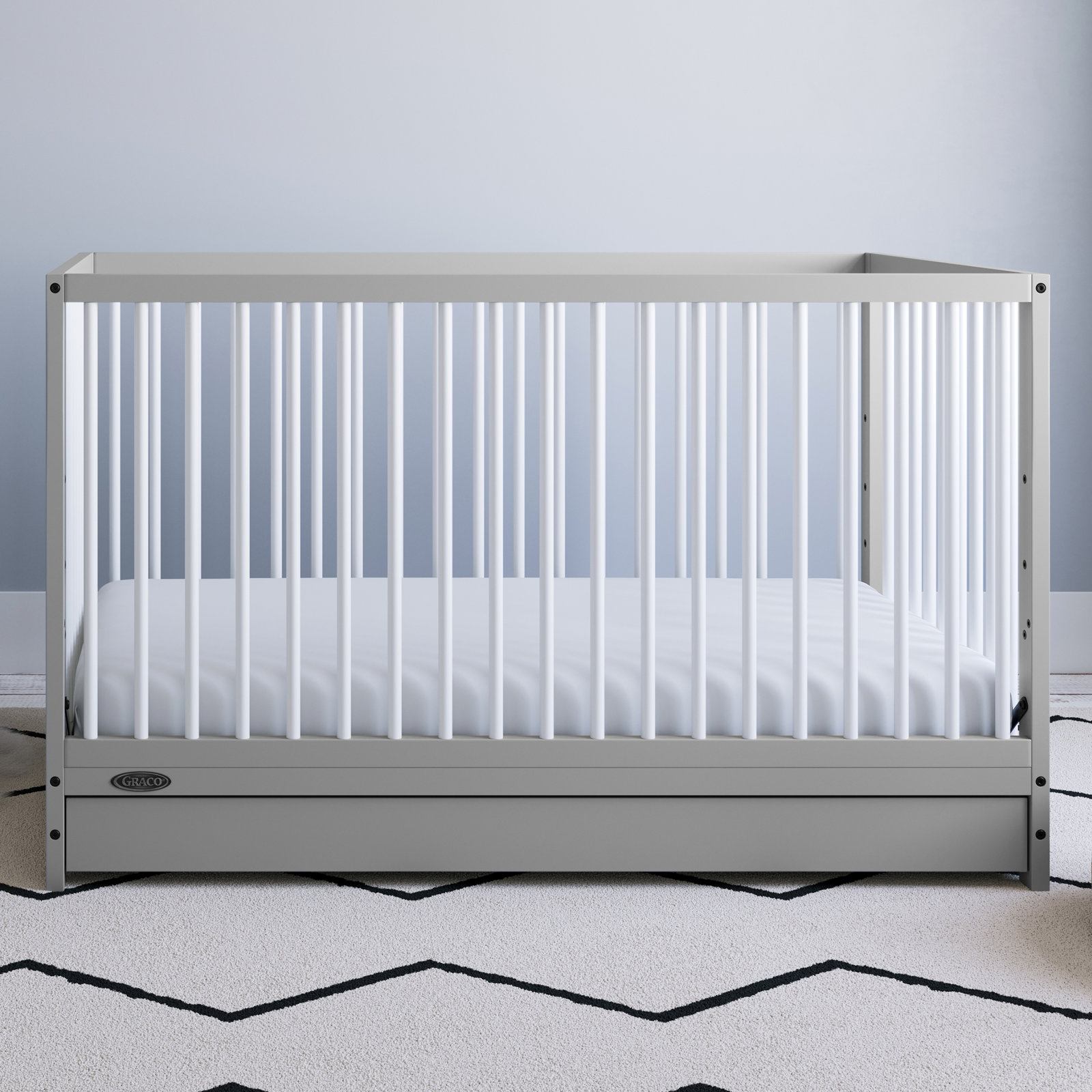 Teddi 5-in-1 Convertible Portable Crib, Pebble Gray/White, Crib + Mattress