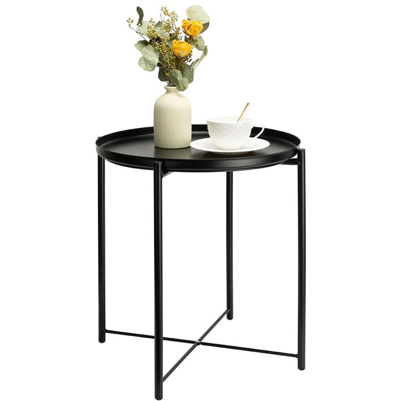 Table de bout ronde en métal avec plateau d'appoint amovible antirouille pour le salon, Noir, noir, noir, noir
