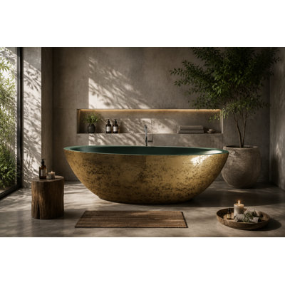 74.8" x 39.8" Deep Soaking Aged Brass Green Solid Surface Freestanding Oval Bathtub