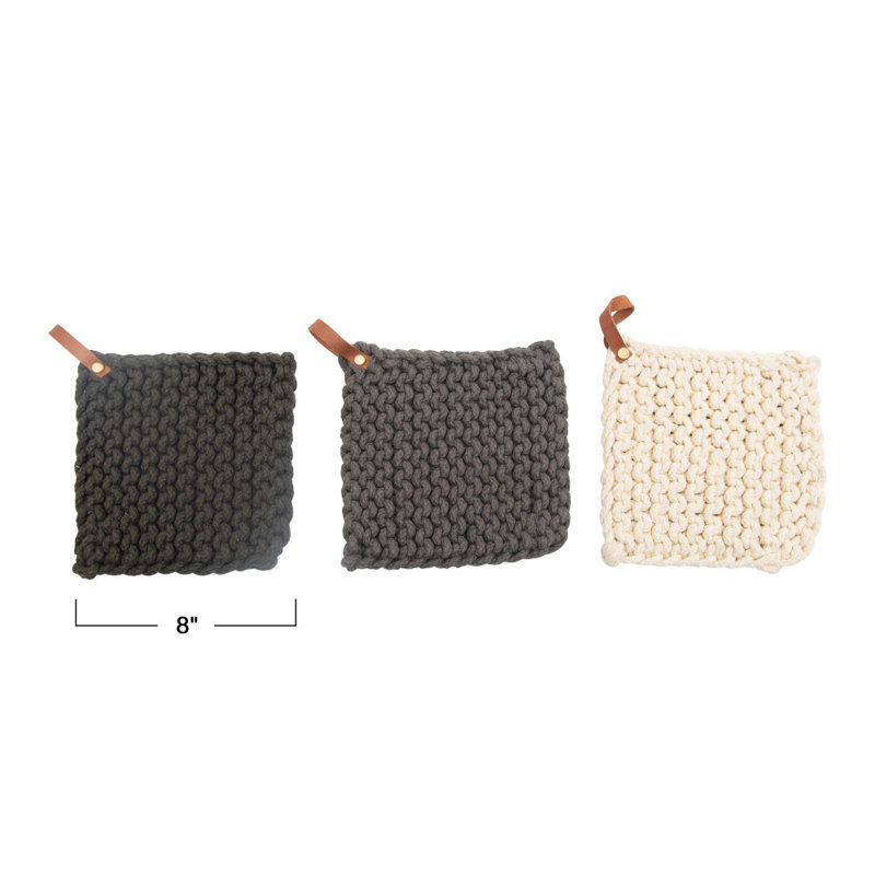 Hand-Crocheted Cotton Pot Holders with Leather Loop, Set of 3