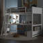  Lit mezzanine double avec bureau en L, station de charge USB et banc de rangement avec compartiments latéraux, blanc-245566812
