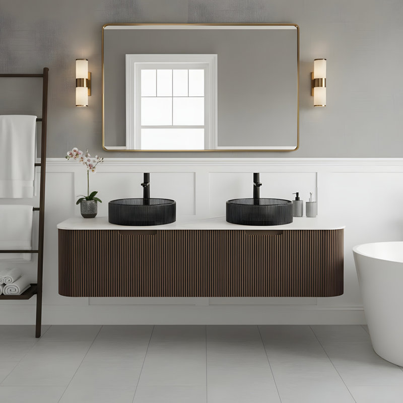 Meuble-lavabo mural 60 po avec 2 lavabos ronds noirs transparents et 2 tiroirs, 60"