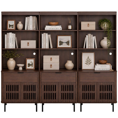 73" H x 94.5" W Mid-Century Modern Wood Bookcase with 2 drawer, 4 Doors, 6-Tier Library Storage