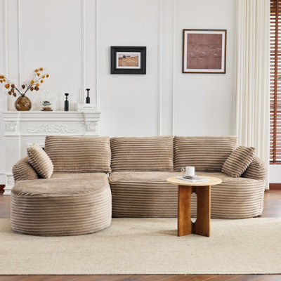 100'' W 3-Seat Round Arm Brown Corduroy Curved Boneless Couch